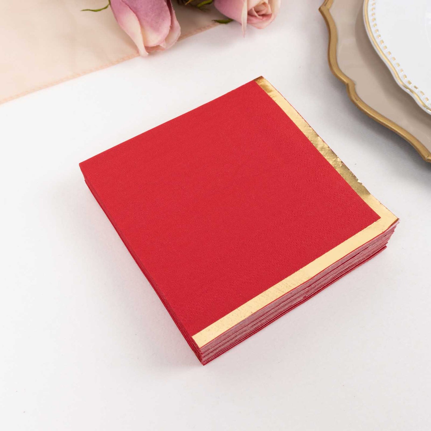 50 Pack Red Disposable Cocktail Napkins with Gold Foil Edge, Soft 2 Ply Paper Beverage Napkins - 5"x5"