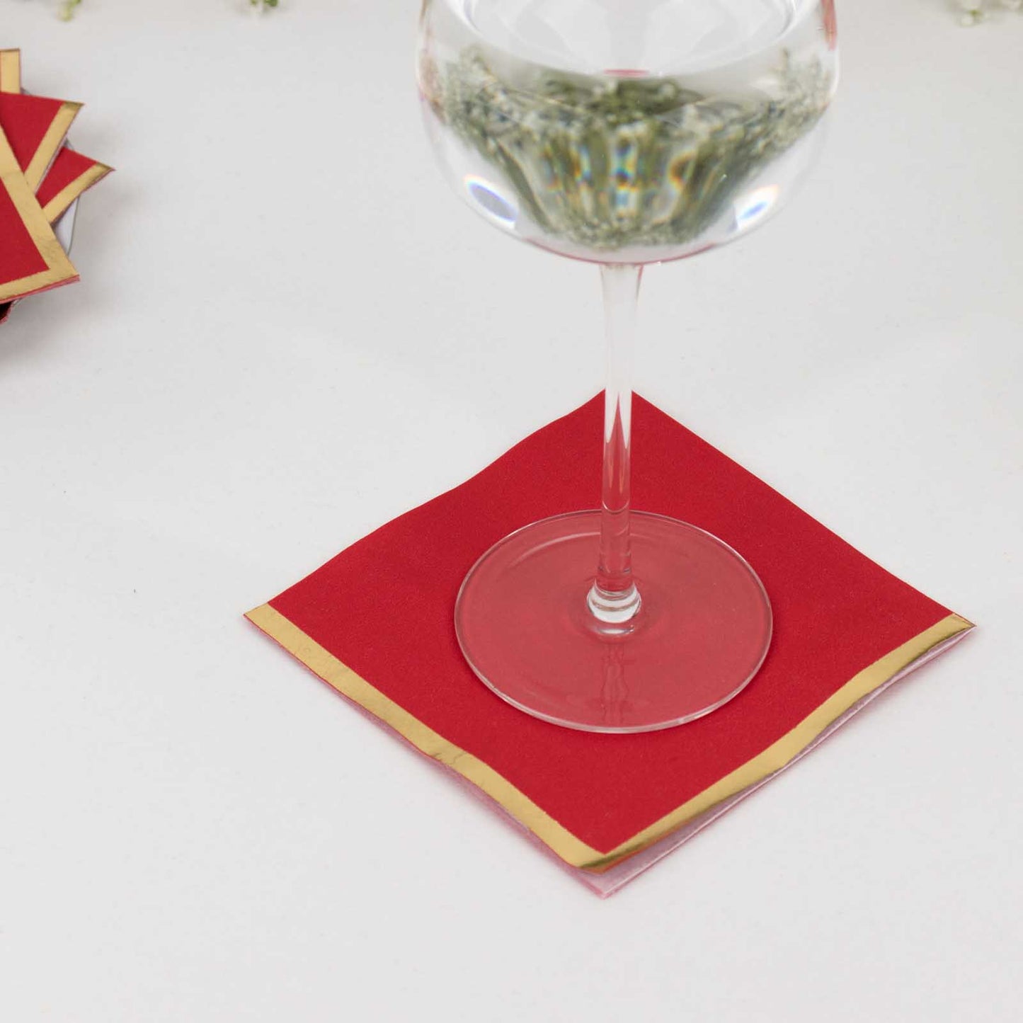 50 Pack Red Disposable Cocktail Napkins with Gold Foil Edge, Soft 2 Ply Paper Beverage Napkins - 5"x5"