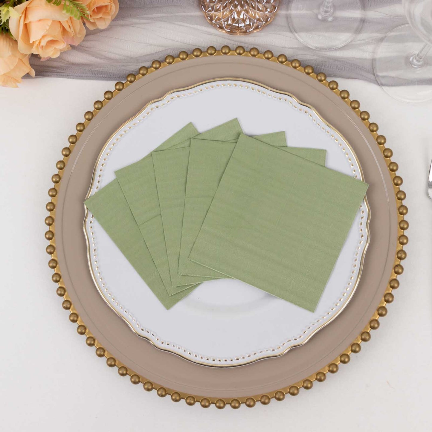 50 Pack Sage Green Soft 2-Ply Disposable Cocktail Napkins, Paper Beverage Napkins 18 GSM - 5"x5"