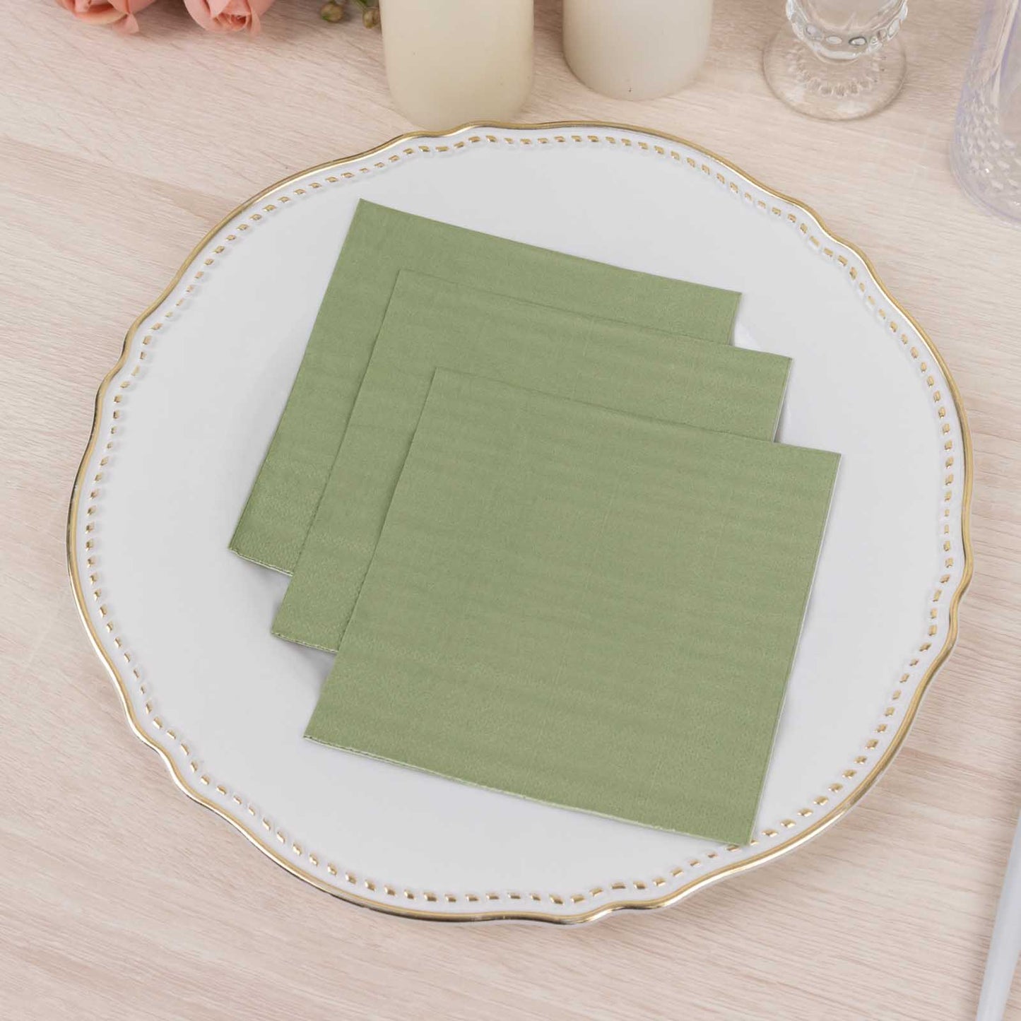 50 Pack Sage Green Soft 2-Ply Disposable Cocktail Napkins, Paper Beverage Napkins 18 GSM - 5"x5"