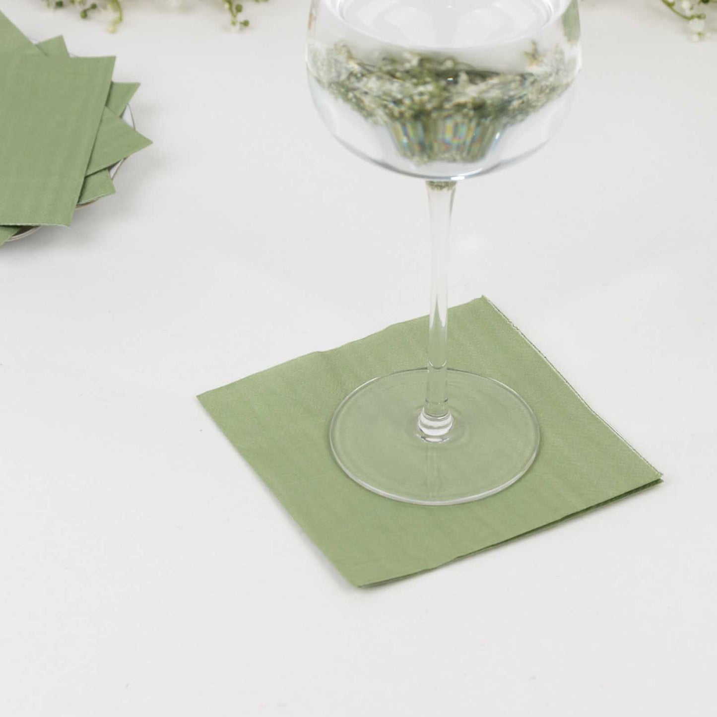 50 Pack Sage Green Soft 2-Ply Disposable Cocktail Napkins, Paper Beverage Napkins 18 GSM - 5"x5"