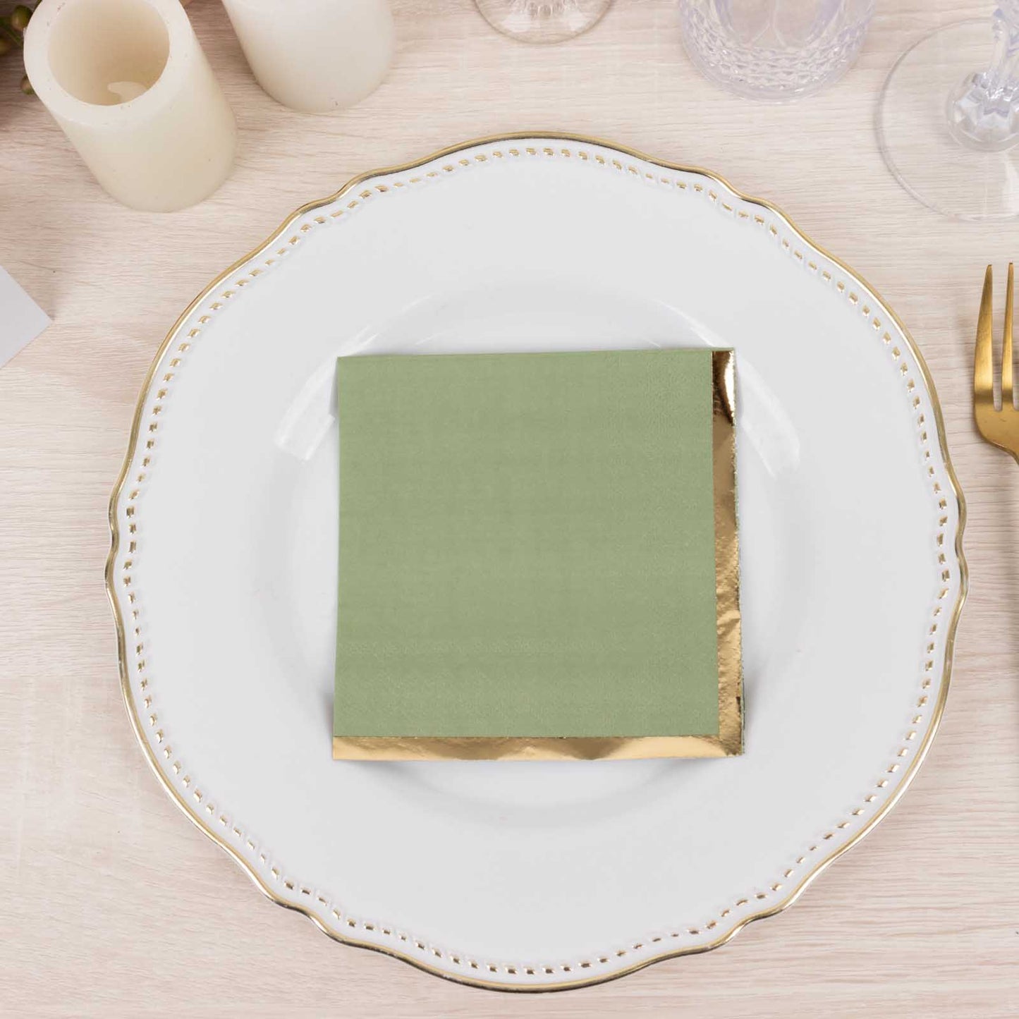 50 Pack Sage Green Disposable Cocktail Napkins with Gold Foil Edge, Soft 2 Ply Paper Beverage Napkins - 5"x5"