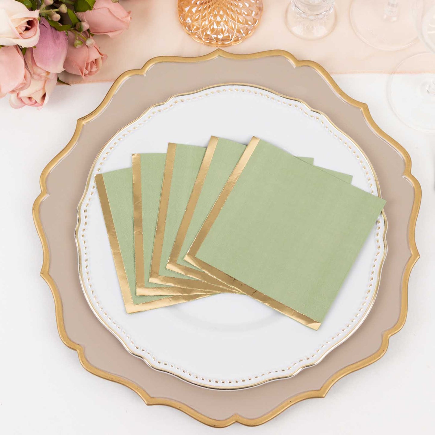 50 Pack Sage Green Disposable Cocktail Napkins with Gold Foil Edge, Soft 2 Ply Paper Beverage Napkins - 5"x5"