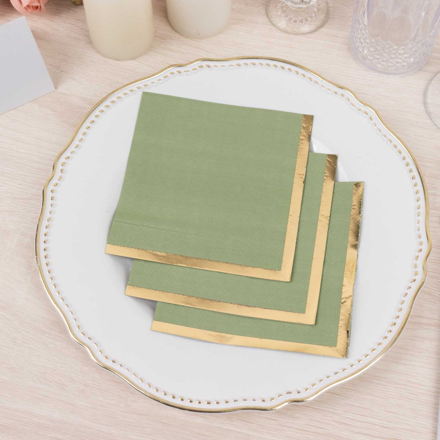 50 Pack Sage Green Disposable Cocktail Napkins with Gold Foil Edge, Soft 2 Ply Paper Beverage Napkins - 5"x5"