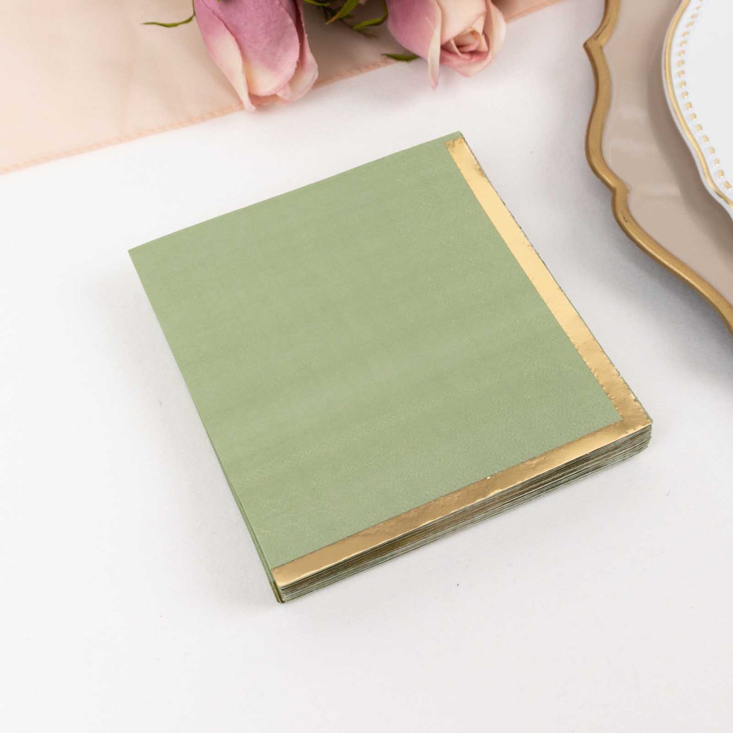 50 Pack Sage Green Disposable Cocktail Napkins with Gold Foil Edge, Soft 2 Ply Paper Beverage Napkins - 5"x5"