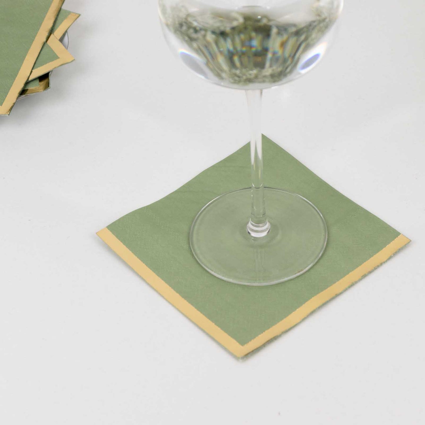 50 Pack Sage Green Disposable Cocktail Napkins with Gold Foil Edge, Soft 2 Ply Paper Beverage Napkins - 5"x5"