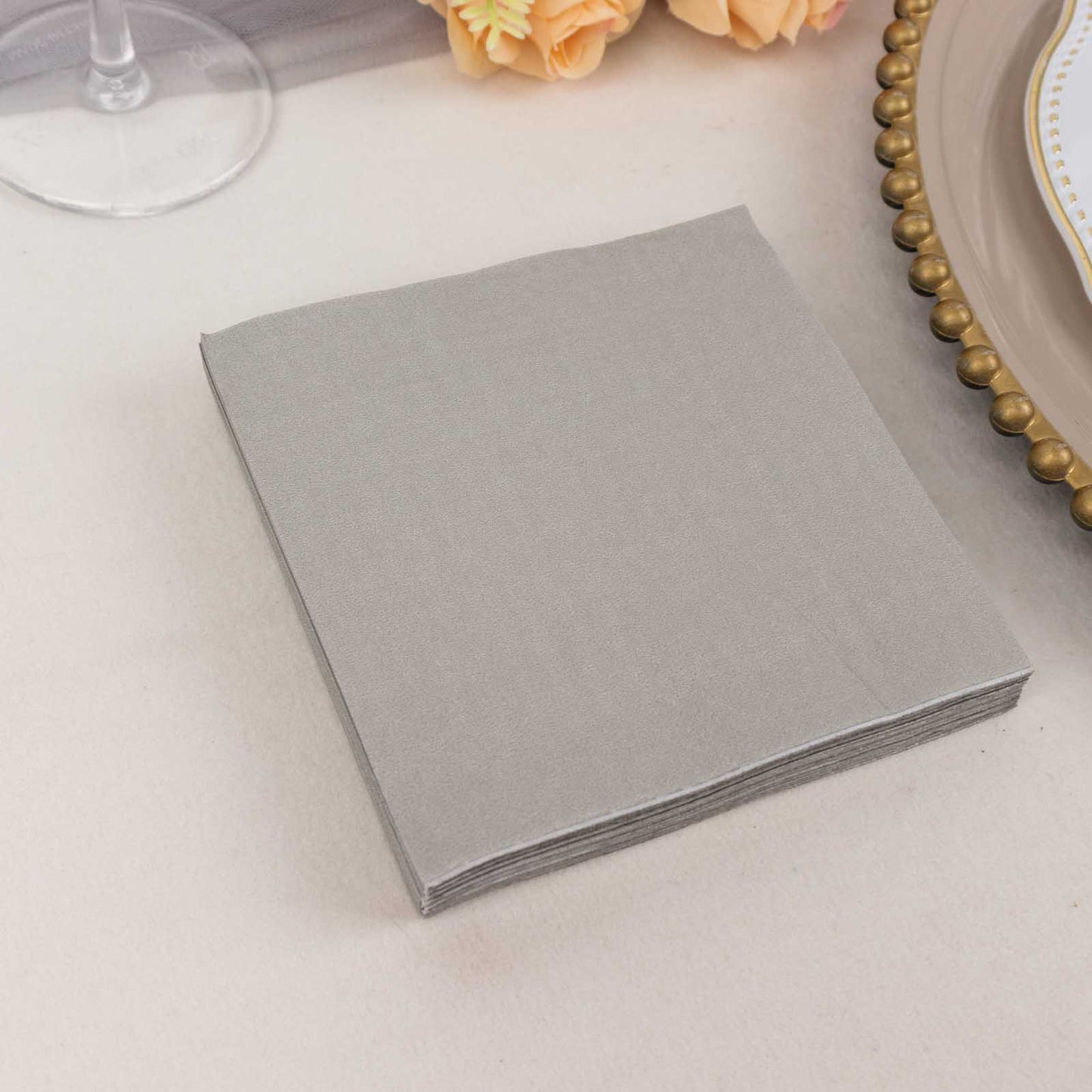 50 Pack Silver Soft 2-Ply Disposable Cocktail Napkins, Paper Beverage Napkins 18 GSM - 5"x5"