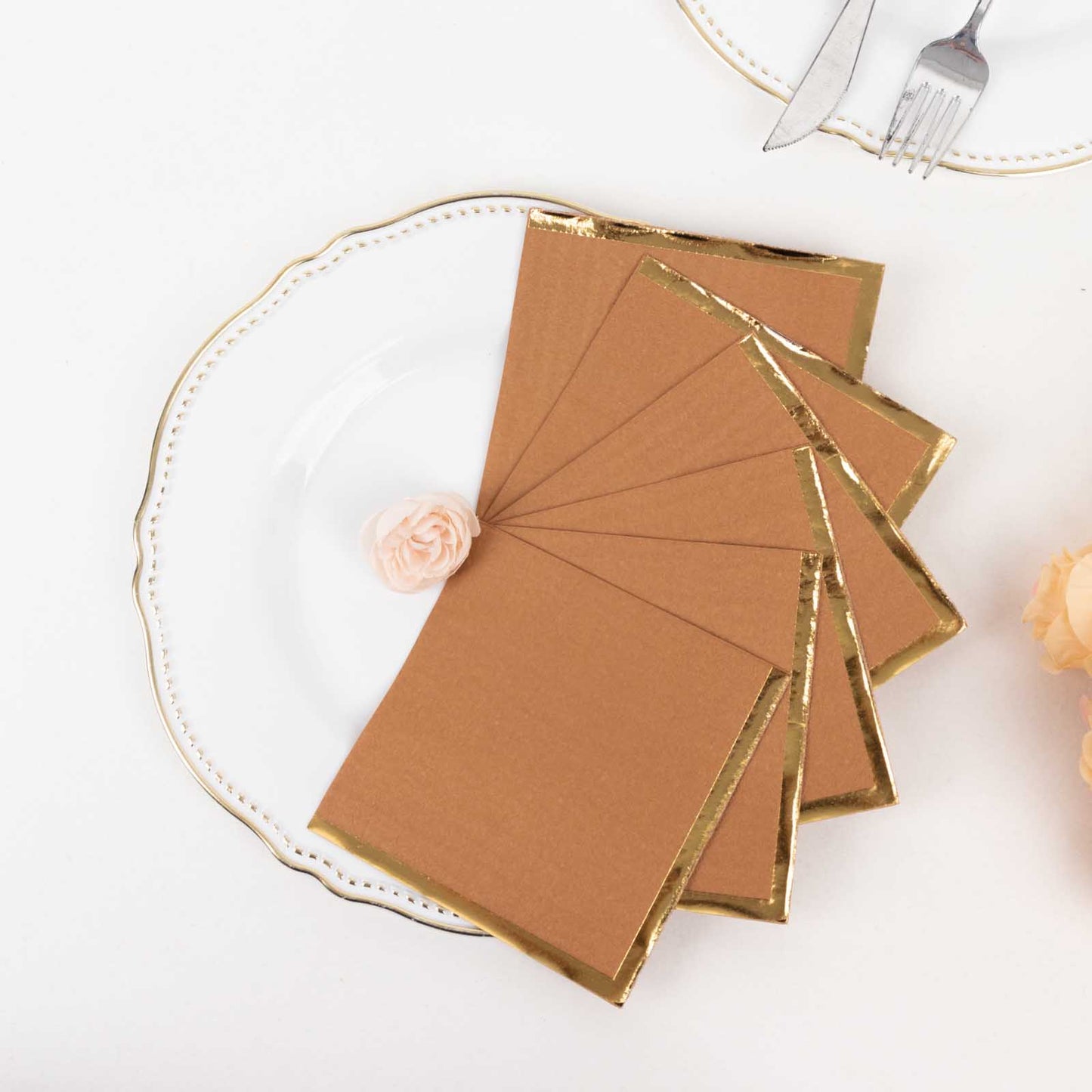 50 Pack Terracotta (Rust) Disposable Cocktail Napkins with Gold Foil Edge, Soft 2 Ply Paper Beverage Napkins - 5"x5"