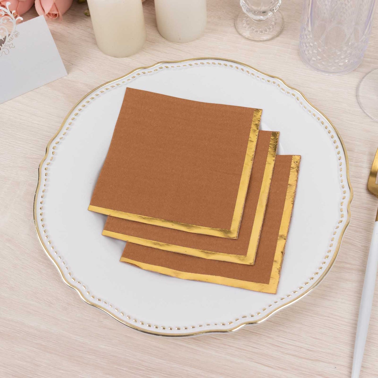 50 Pack Terracotta (Rust) Disposable Cocktail Napkins with Gold Foil Edge, Soft 2 Ply Paper Beverage Napkins - 5"x5"