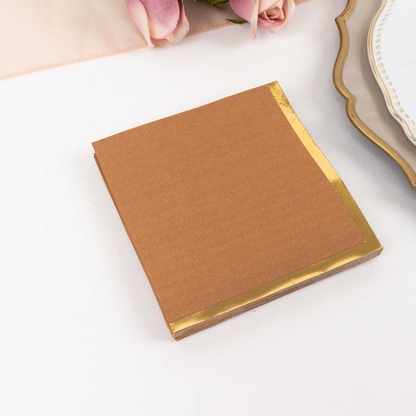 50 Pack Terracotta (Rust) Disposable Cocktail Napkins with Gold Foil Edge, Soft 2 Ply Paper Beverage Napkins - 5"x5"