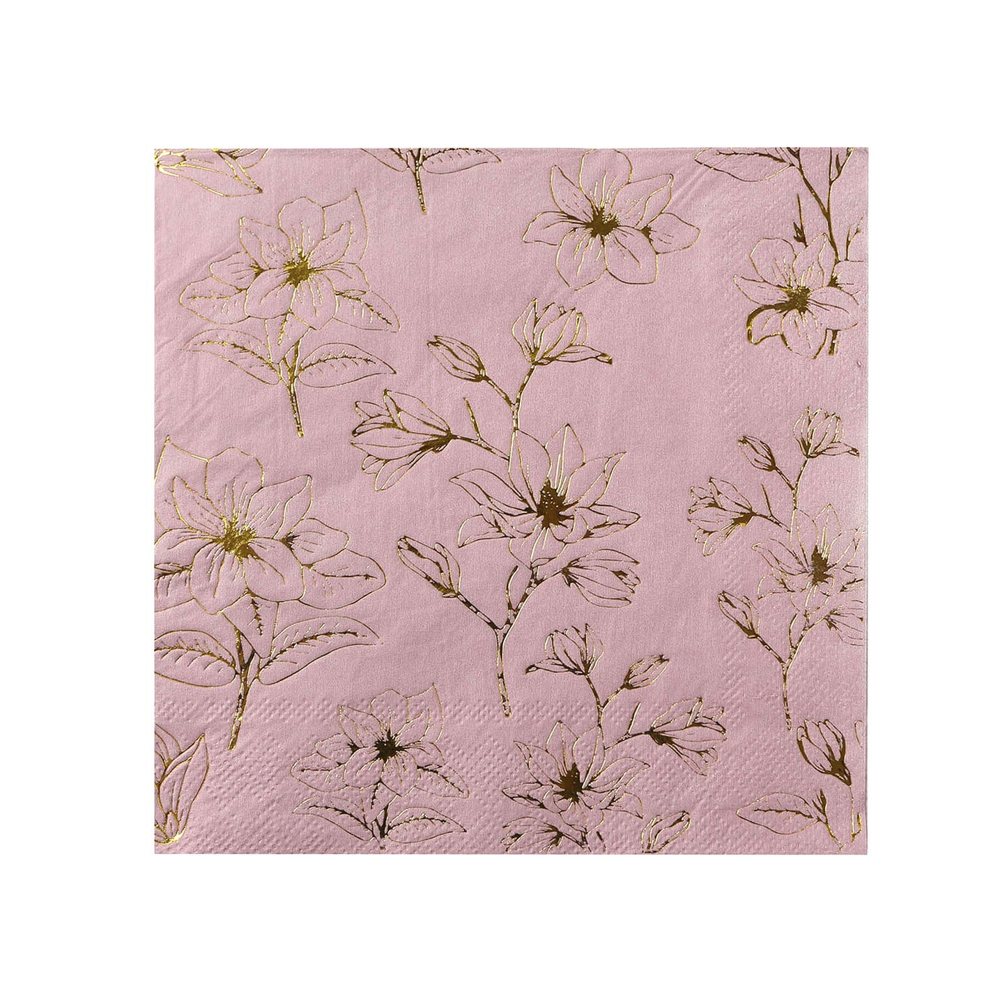 50 Pack Dusty Rose 2-Ply Paper Beverage Napkins with Gold Magnolia Flowers Print, Highly Absorbent Soft Disposable Cocktail Napkins