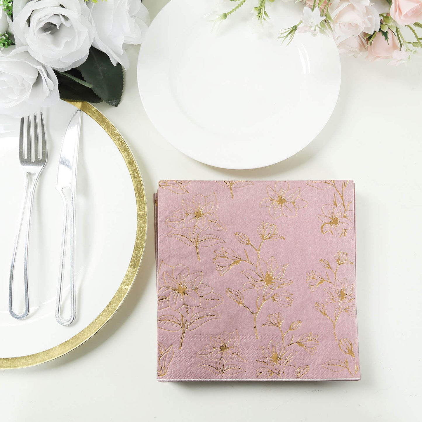 50 Pack Dusty Rose 2-Ply Paper Beverage Napkins with Gold Magnolia Flowers Print, Highly Absorbent Soft Disposable Cocktail Napkins