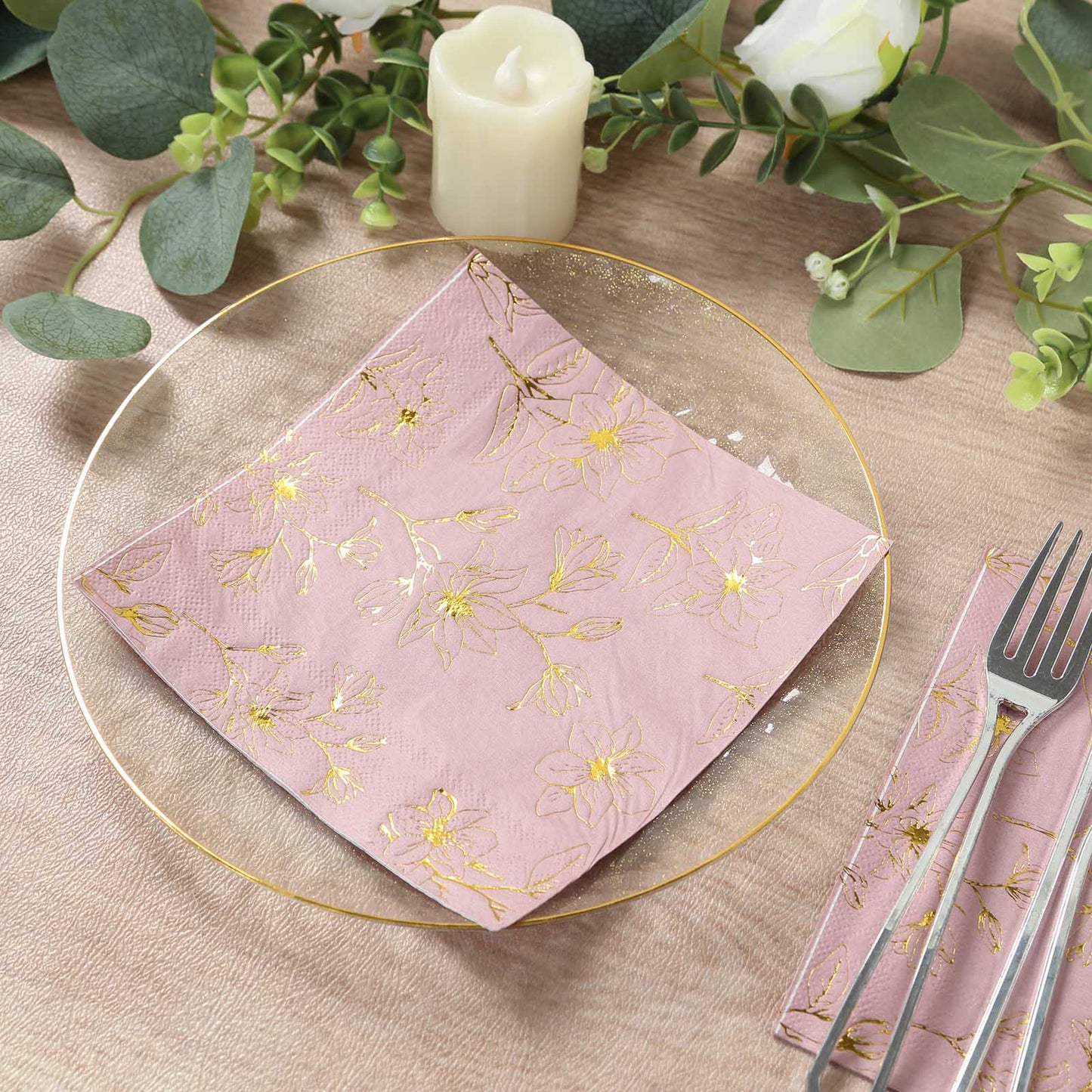 50 Pack Dusty Rose 2-Ply Paper Beverage Napkins with Gold Magnolia Flowers Print, Highly Absorbent Soft Disposable Cocktail Napkins