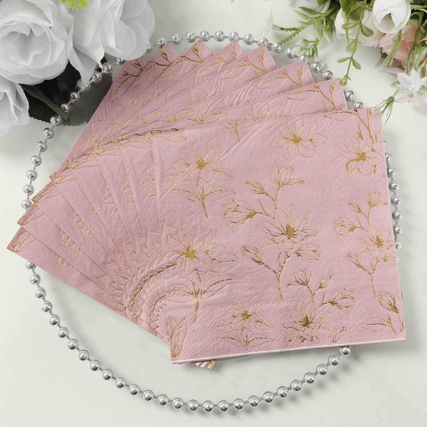 50 Pack Dusty Rose 2-Ply Paper Beverage Napkins with Gold Magnolia Flowers Print, Highly Absorbent Soft Disposable Cocktail Napkins