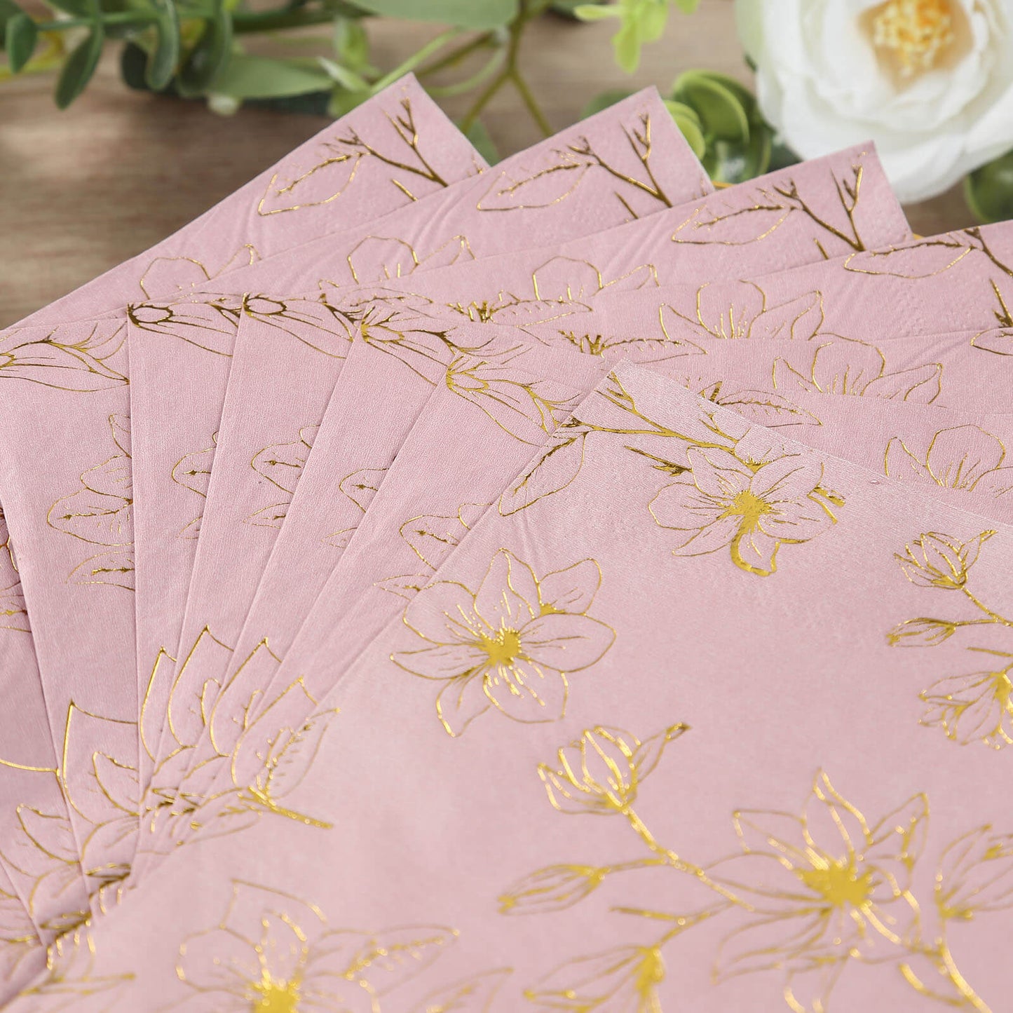 50 Pack Dusty Rose 2-Ply Paper Beverage Napkins with Gold Magnolia Flowers Print, Highly Absorbent Soft Disposable Cocktail Napkins