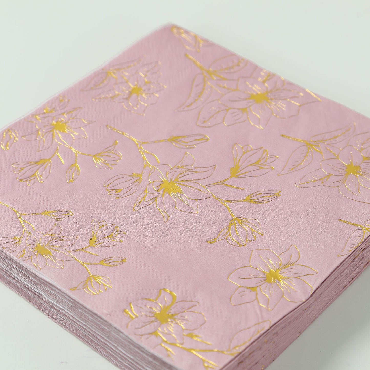 50 Pack Dusty Rose 2-Ply Paper Beverage Napkins with Gold Magnolia Flowers Print, Highly Absorbent Soft Disposable Cocktail Napkins