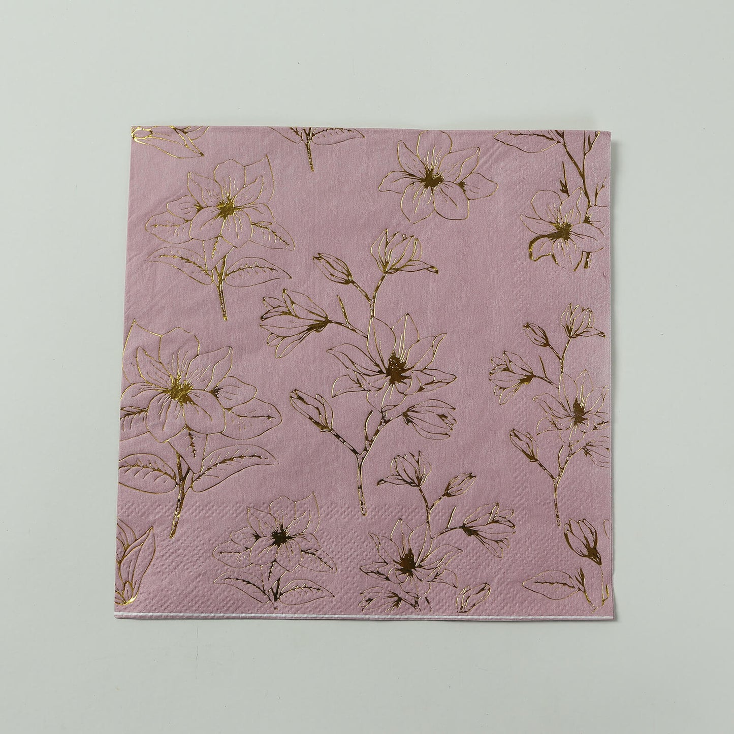 50 Pack Dusty Rose 2-Ply Paper Beverage Napkins with Gold Magnolia Flowers Print, Highly Absorbent Soft Disposable Cocktail Napkins