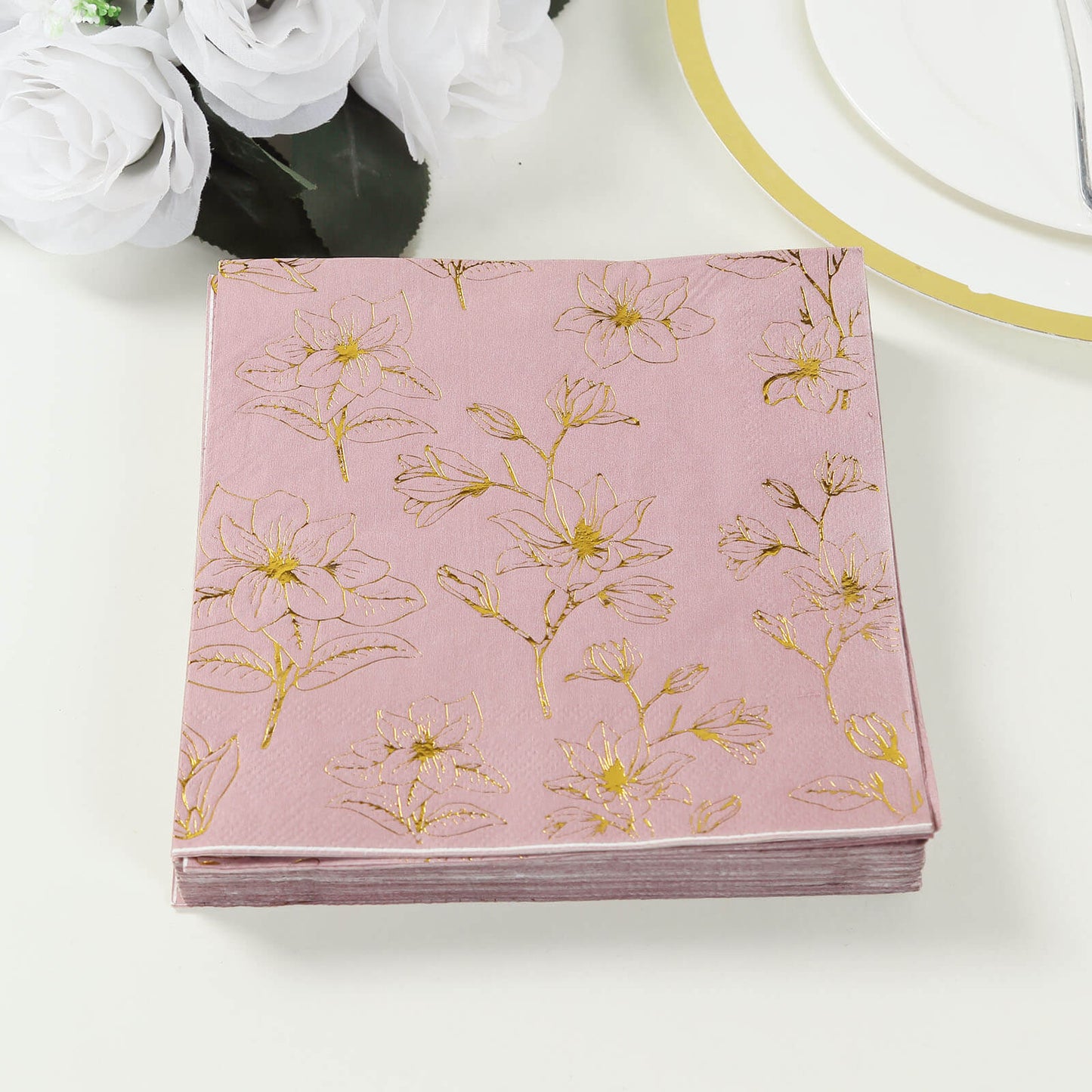 50 Pack Dusty Rose 2-Ply Paper Beverage Napkins with Gold Magnolia Flowers Print, Highly Absorbent Soft Disposable Cocktail Napkins