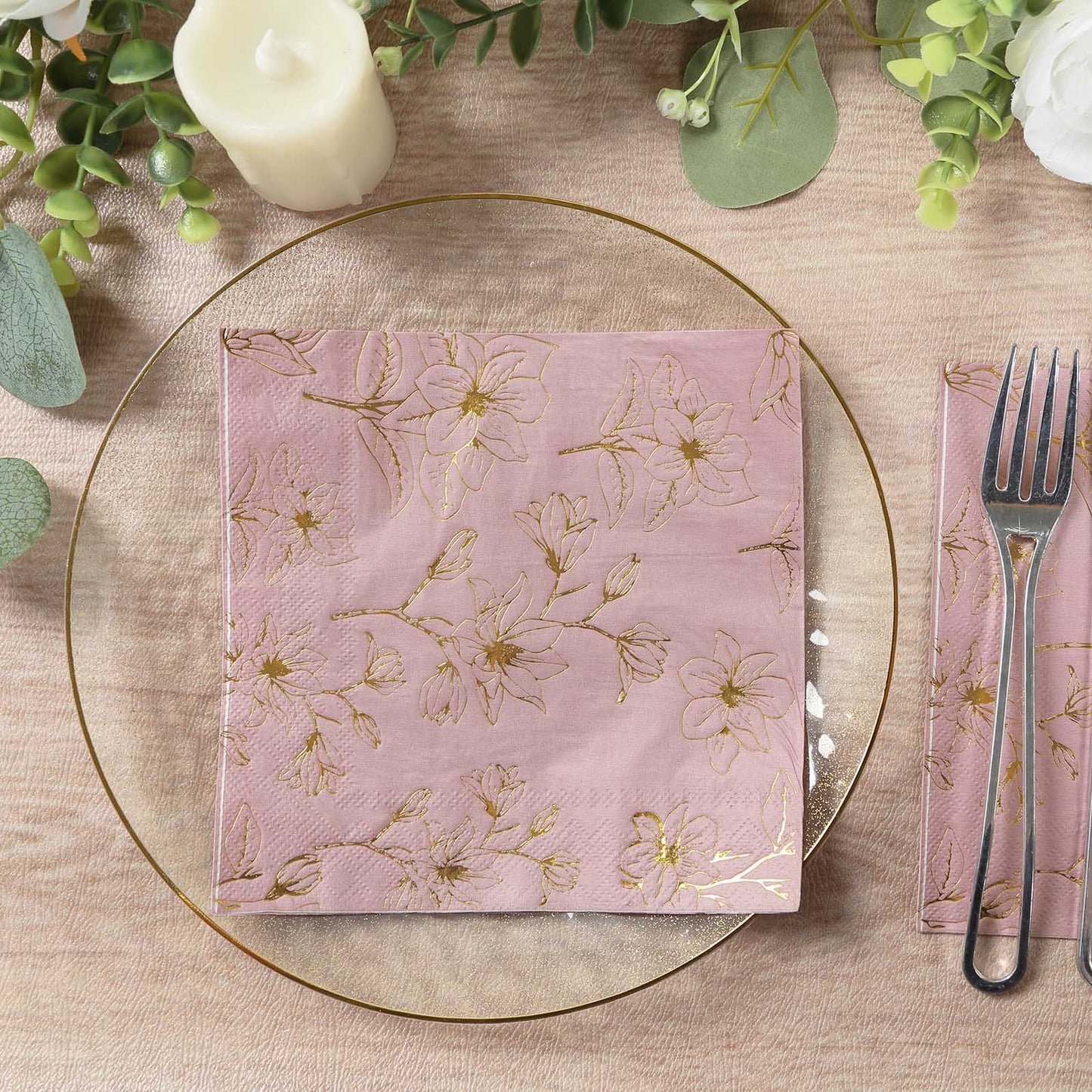 50 Pack Dusty Rose 2-Ply Paper Beverage Napkins with Gold Magnolia Flowers Print, Highly Absorbent Soft Disposable Cocktail Napkins