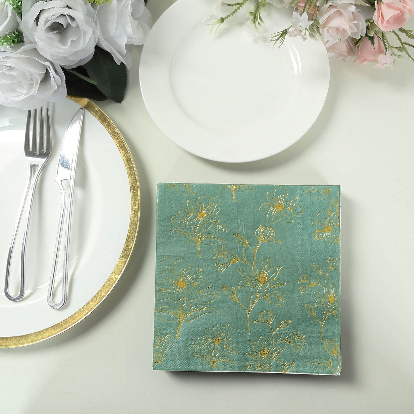 50 Pack Dusty Sage Green 2-Ply Paper Beverage Napkins with Gold Magnolia Flowers Print, Highly Absorbent Soft Disposable Cocktail Napkins