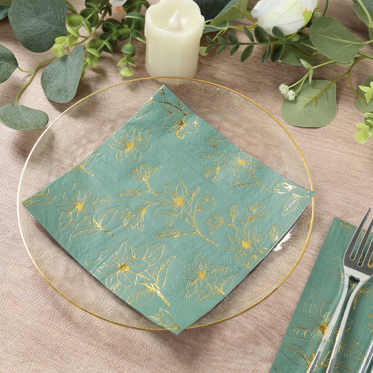 50 Pack Dusty Sage Green 2-Ply Paper Beverage Napkins with Gold Magnolia Flowers Print, Highly Absorbent Soft Disposable Cocktail Napkins