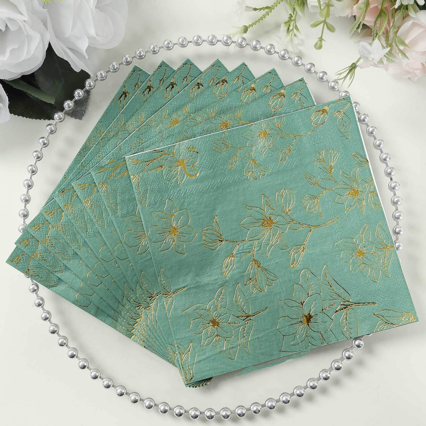 50 Pack Dusty Sage Green 2-Ply Paper Beverage Napkins with Gold Magnolia Flowers Print, Highly Absorbent Soft Disposable Cocktail Napkins