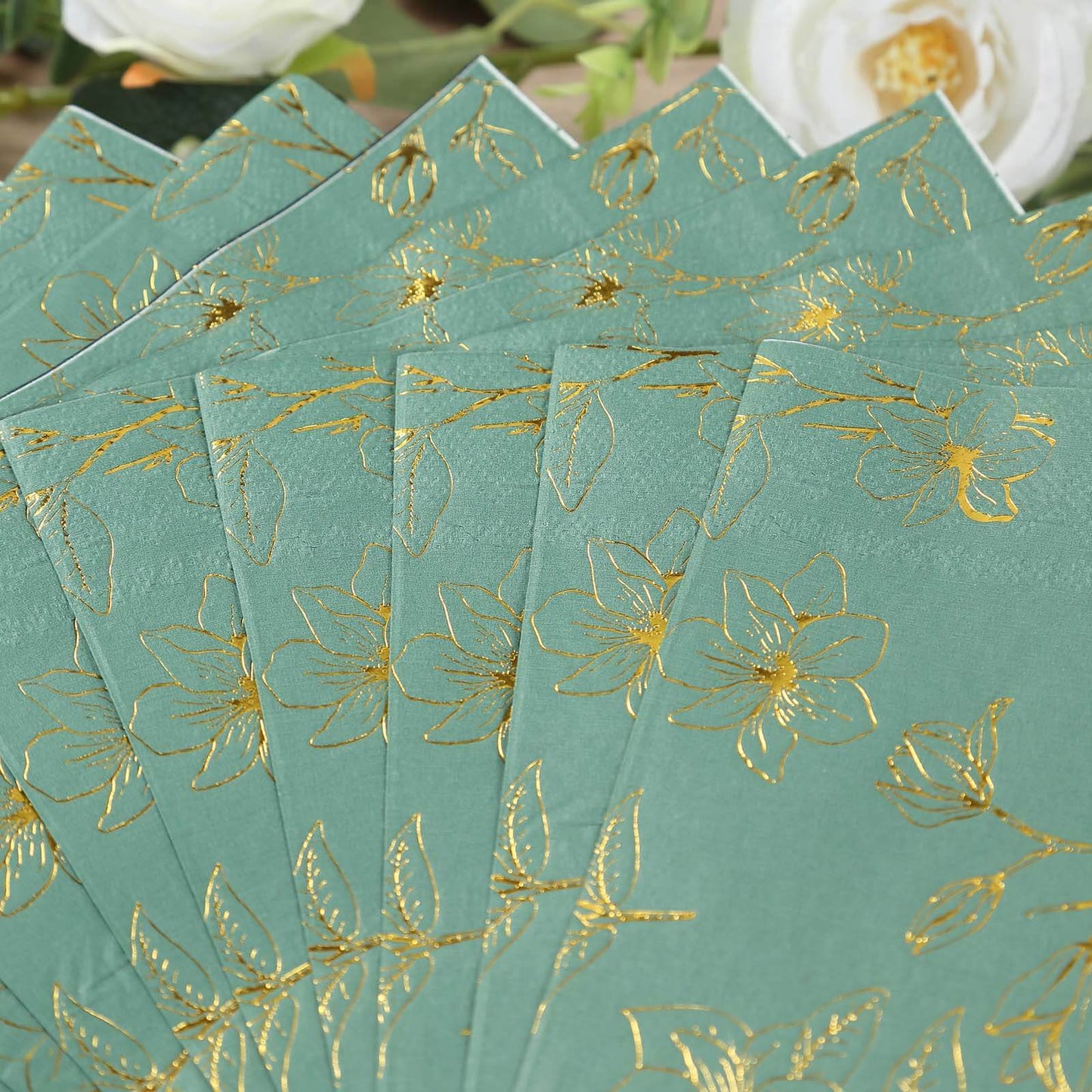 50 Pack Dusty Sage Green 2-Ply Paper Beverage Napkins with Gold Magnolia Flowers Print, Highly Absorbent Soft Disposable Cocktail Napkins