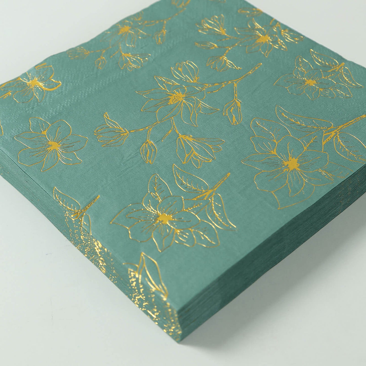 50 Pack Dusty Sage Green 2-Ply Paper Beverage Napkins with Gold Magnolia Flowers Print, Highly Absorbent Soft Disposable Cocktail Napkins