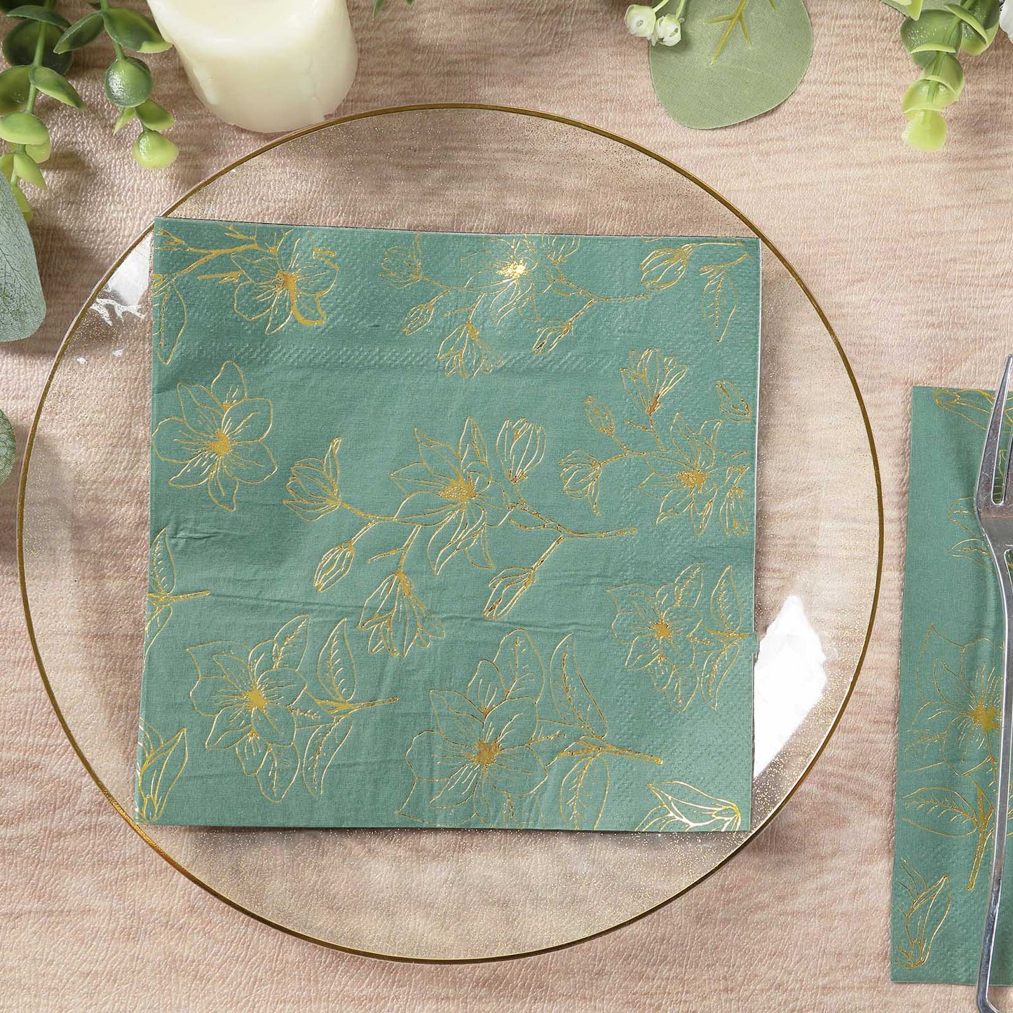 50 Pack Dusty Sage Green 2-Ply Paper Beverage Napkins with Gold Magnolia Flowers Print, Highly Absorbent Soft Disposable Cocktail Napkins