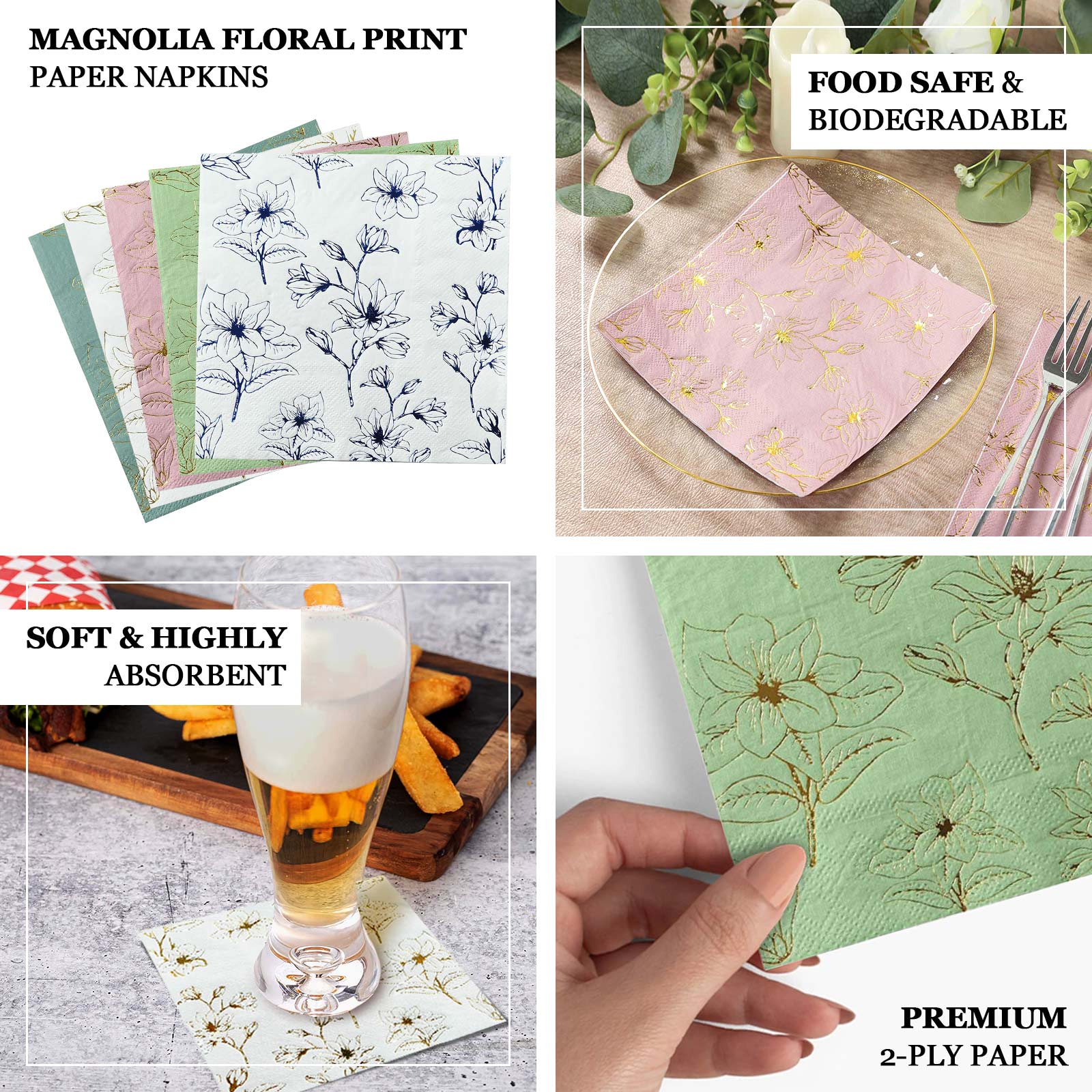 2-Ply Paper Beverage Napkins with Magnolia Flowers Print, Highly Absorbent Soft Disposable Cocktail Napkins