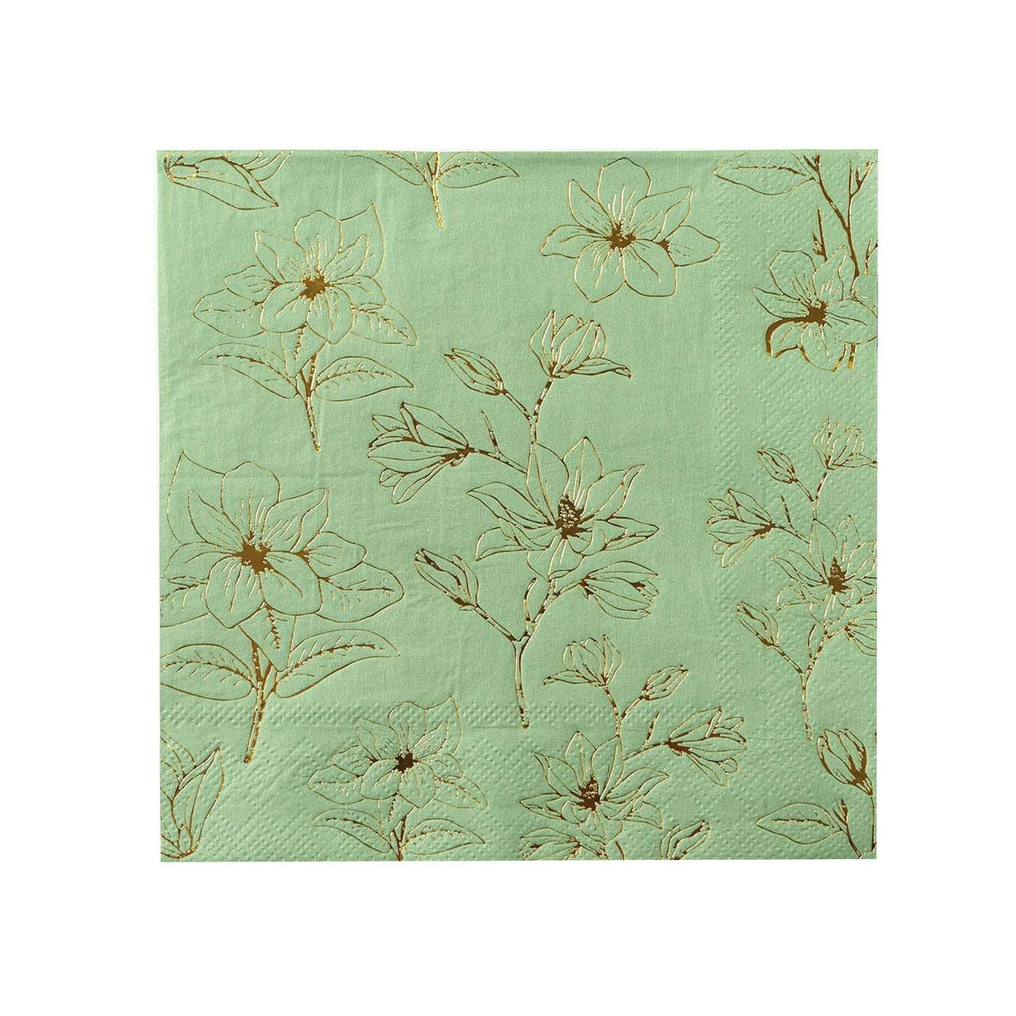 50 Pack Sage Green 2-Ply Paper Beverage Napkins with Gold Magnolia Flowers Print, Highly Absorbent Soft Disposable Cocktail Napkins