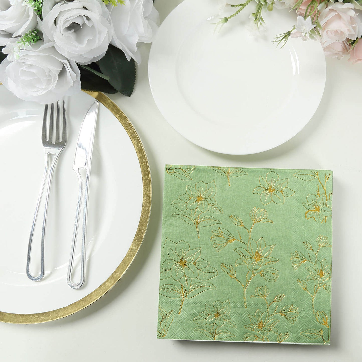 50 Pack Sage Green 2-Ply Paper Beverage Napkins with Gold Magnolia Flowers Print, Highly Absorbent Soft Disposable Cocktail Napkins