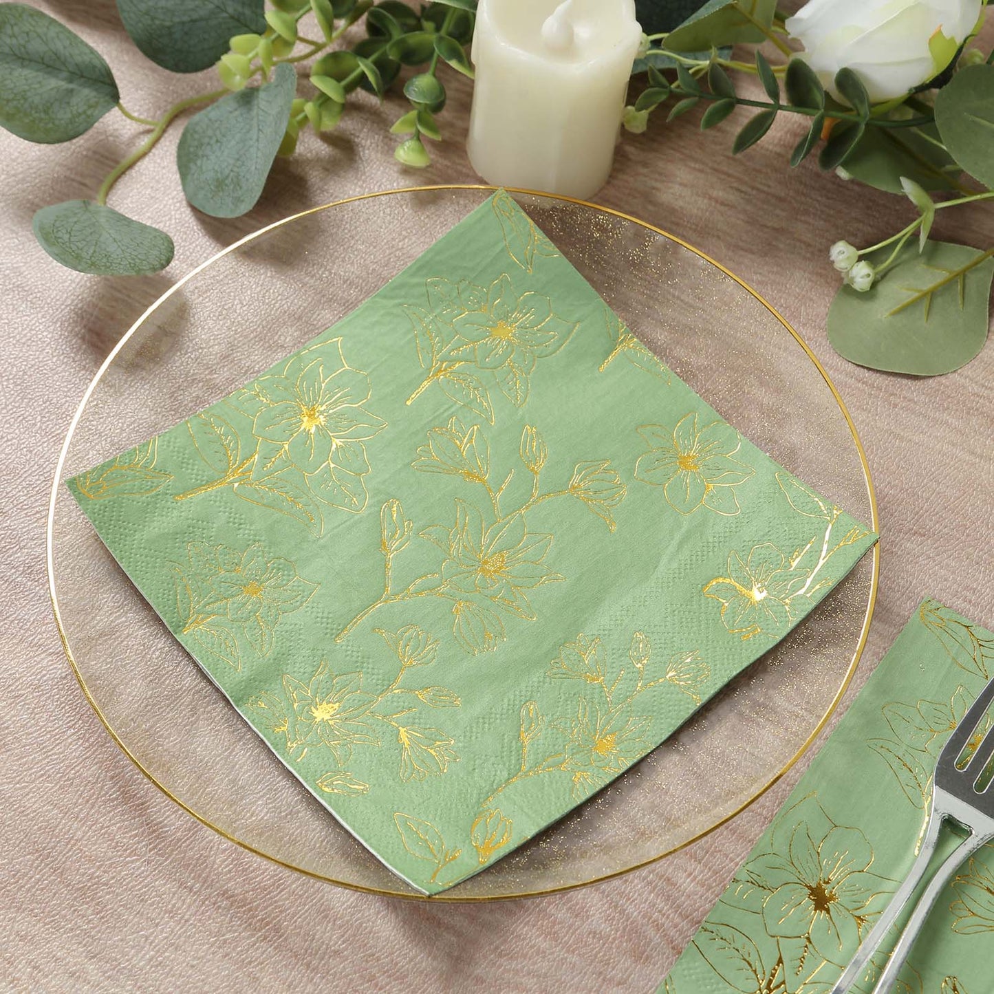 50 Pack Sage Green 2-Ply Paper Beverage Napkins with Gold Magnolia Flowers Print, Highly Absorbent Soft Disposable Cocktail Napkins