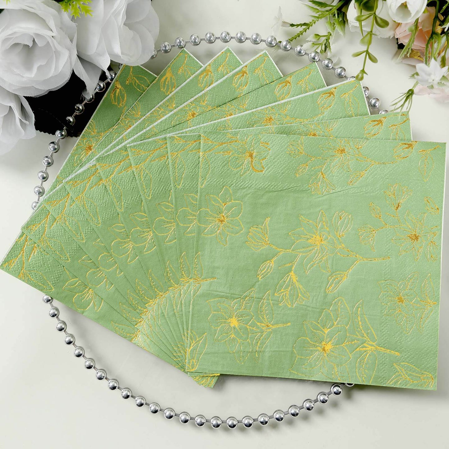 50 Pack Sage Green 2-Ply Paper Beverage Napkins with Gold Magnolia Flowers Print, Highly Absorbent Soft Disposable Cocktail Napkins