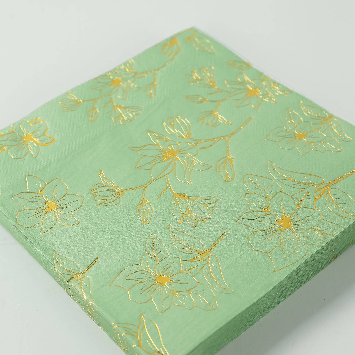 50 Pack Sage Green 2-Ply Paper Beverage Napkins with Gold Magnolia Flowers Print, Highly Absorbent Soft Disposable Cocktail Napkins