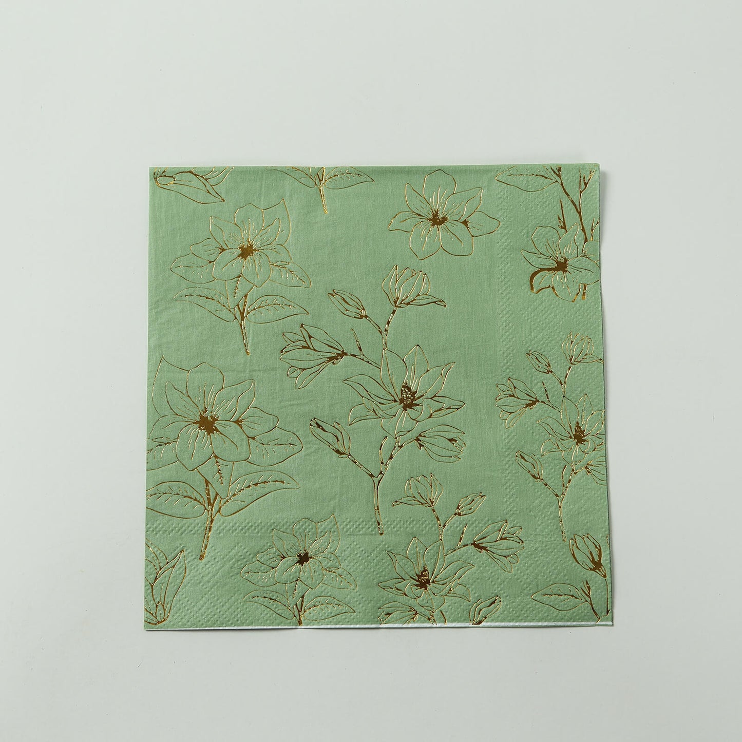 50 Pack Sage Green 2-Ply Paper Beverage Napkins with Gold Magnolia Flowers Print, Highly Absorbent Soft Disposable Cocktail Napkins