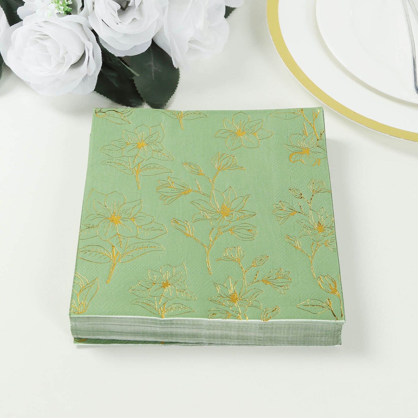 50 Pack Sage Green 2-Ply Paper Beverage Napkins with Gold Magnolia Flowers Print, Highly Absorbent Soft Disposable Cocktail Napkins