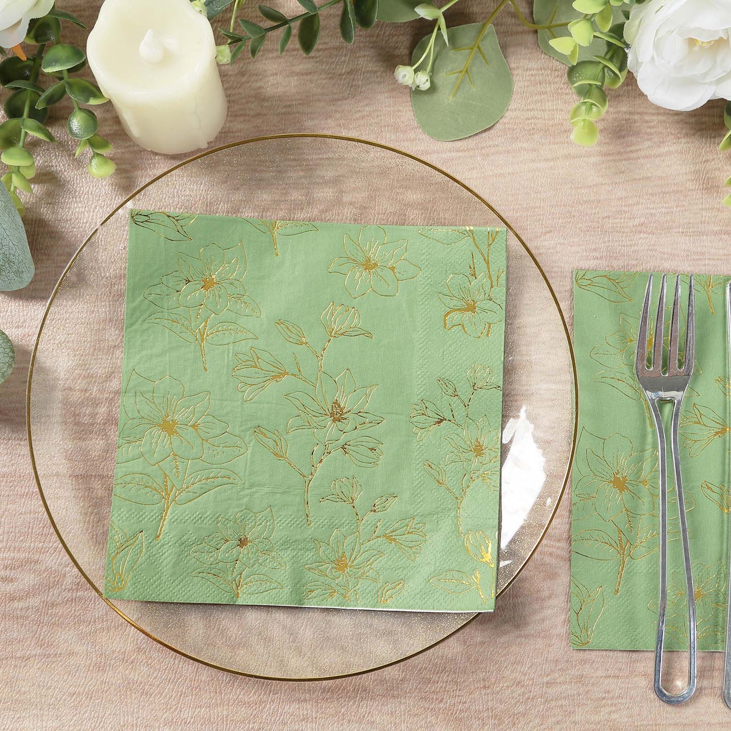 50 Pack Sage Green 2-Ply Paper Beverage Napkins with Gold Magnolia Flowers Print, Highly Absorbent Soft Disposable Cocktail Napkins