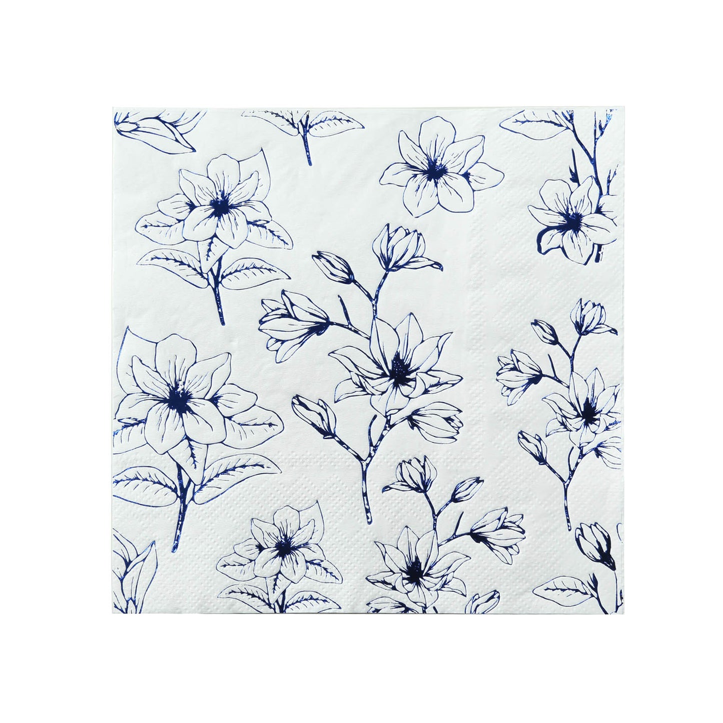 50 Pack White 2-Ply Paper Beverage Napkins with Blue Magnolia Flowers Print, Highly Absorbent Soft Disposable Cocktail Napkins