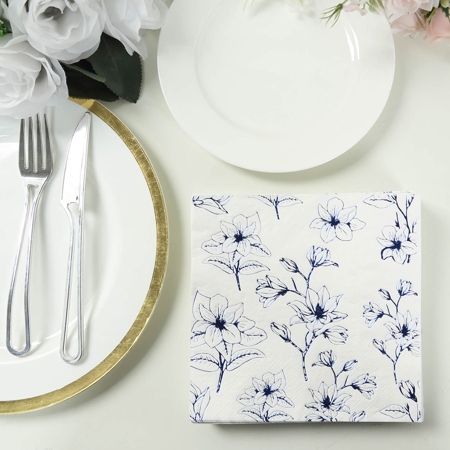 50 Pack White 2-Ply Paper Beverage Napkins with Blue Magnolia Flowers Print, Highly Absorbent Soft Disposable Cocktail Napkins