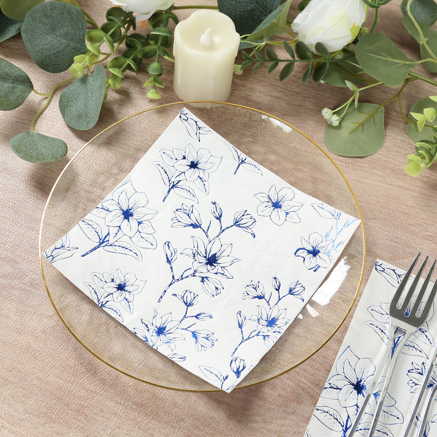 50 Pack White 2-Ply Paper Beverage Napkins with Blue Magnolia Flowers Print, Highly Absorbent Soft Disposable Cocktail Napkins