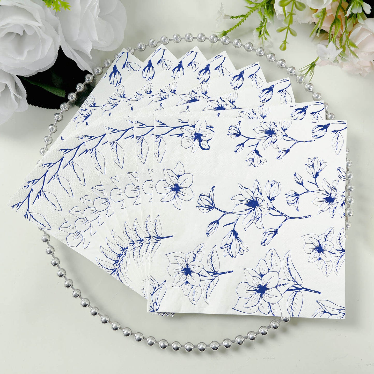 50 Pack White 2-Ply Paper Beverage Napkins with Blue Magnolia Flowers Print, Highly Absorbent Soft Disposable Cocktail Napkins