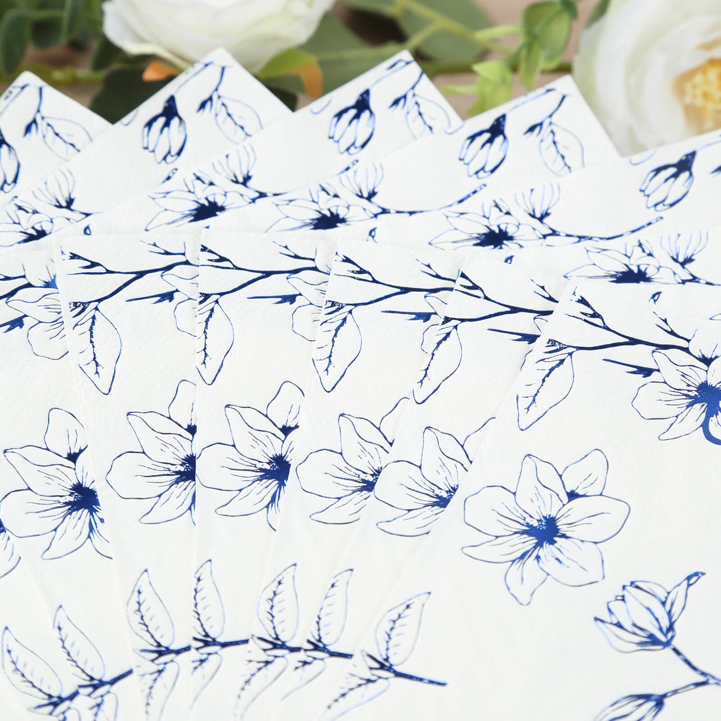 50 Pack White 2-Ply Paper Beverage Napkins with Blue Magnolia Flowers Print, Highly Absorbent Soft Disposable Cocktail Napkins