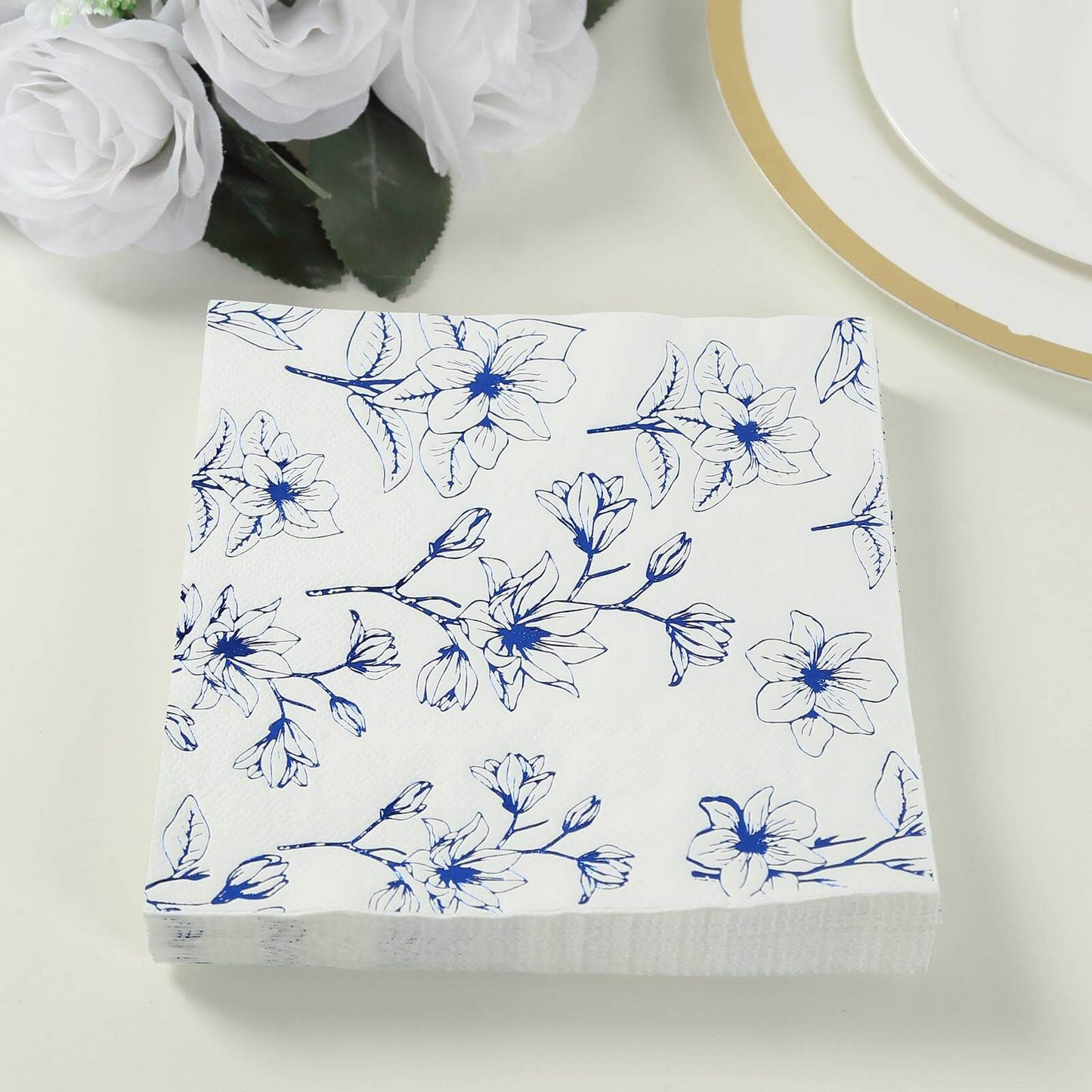 50 Pack White 2-Ply Paper Beverage Napkins with Blue Magnolia Flowers Print, Highly Absorbent Soft Disposable Cocktail Napkins