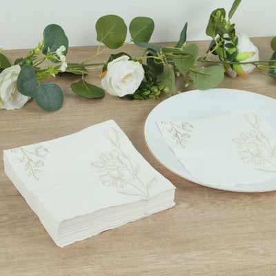 White 2-Ply Paper Cocktail Napkins with Gold Lily Flowers Print