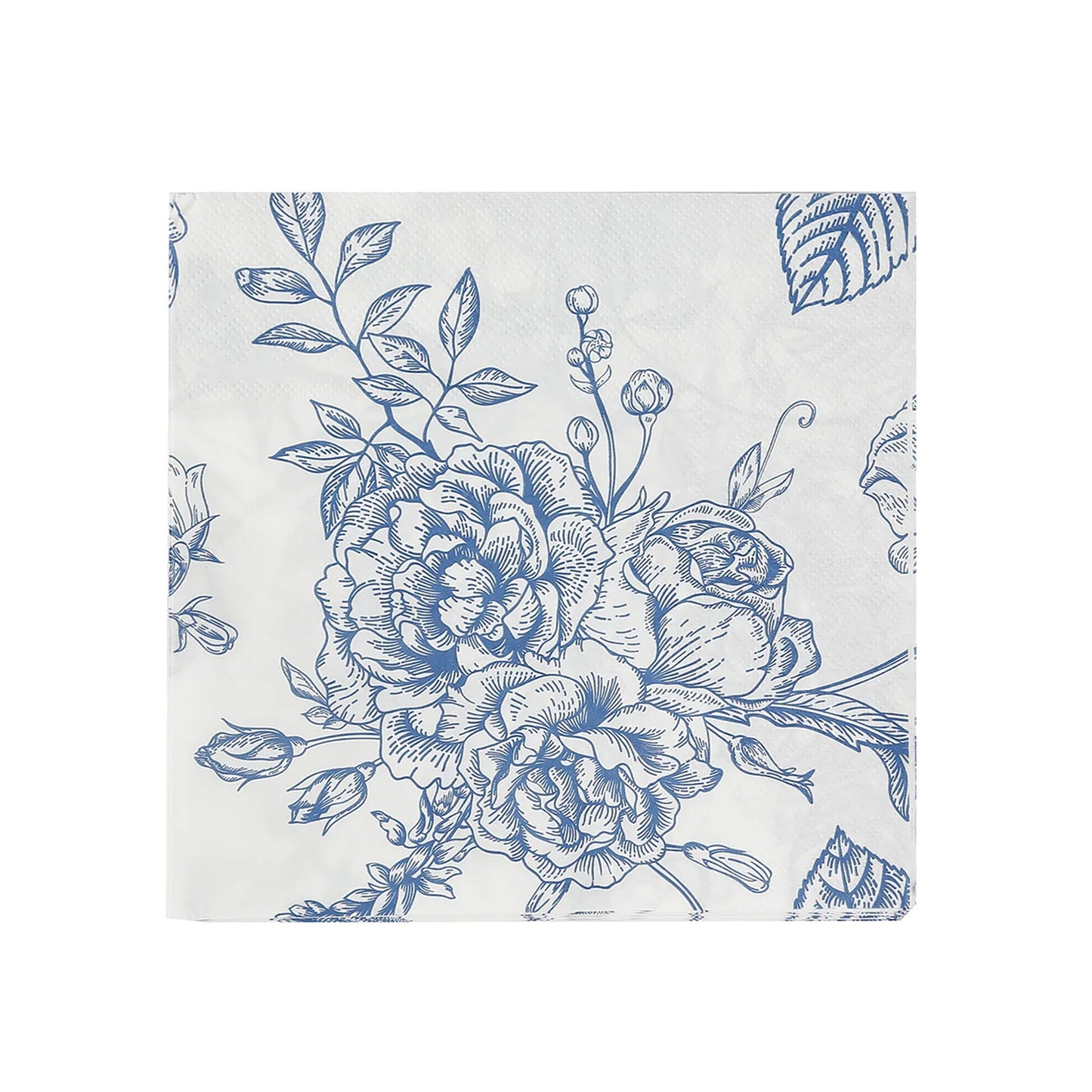50 Pack 2-Ply Paper Beverage Napkins in Matte Blue and White French Toile Floral Pattern, Highly Absorbent Soft Disposable Cocktail Napkins