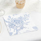 50 Pack 2-Ply Paper Beverage Napkins in Matte Blue and White French Toile Floral Pattern, Highly Absorbent Soft Disposable Cocktail Napkins