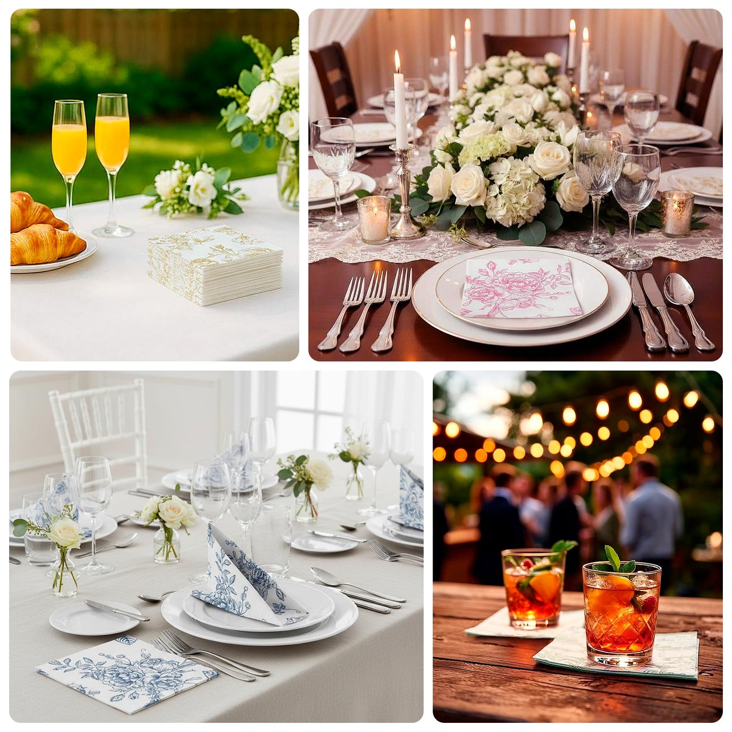 50 Pack 2-Ply Paper Beverage Napkins French Toile Floral Pattern, Highly Absorbent Soft Disposable Cocktail Napkins