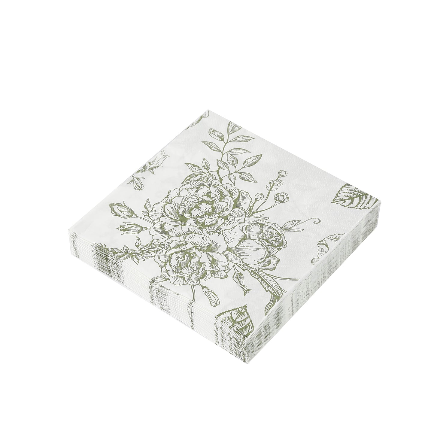 50 Pack 2-Ply Paper Beverage Napkins in Matte Sage Green and White French Toile Floral Pattern, Highly Absorbent Soft Disposable Cocktail Napkins