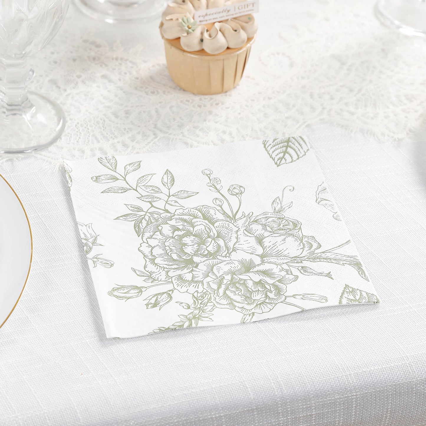 50 Pack 2-Ply Paper Beverage Napkins in Matte Sage Green and White French Toile Floral Pattern, Highly Absorbent Soft Disposable Cocktail Napkins